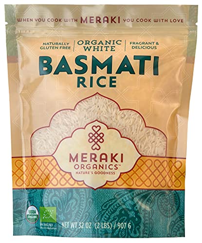 Meraki Organic White Basmati Rice 2 LB Bag - Pleasant Aroma, Thin, Extra Long Separated Fluffy Texture - Authentic Rice from Punjab, 100% USDA Certified Organic, Gluten-Free, Non-GMO, Vegan, Halal Kosher Low Sodium & Delicious No Artificial Flavors
