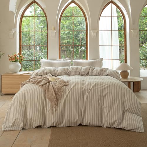 BESTDESIL Striped Duvet Cover Set 100% Washed Cotton Linen Like Soft Feelling Breathable Bedding(Strip-Beige/White,King) by BESTDESIL - Used condition - Image 2