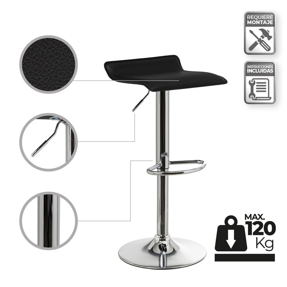 2 taburetes de cocina regulables en altura negros cuadrados sin respaldo | Asiento cuadrado tapizado en polipiel. Sin respaldo. Pie giratorio gris. Altura ajustable de 63 a 83 cm. Resiste hasta 120 kg