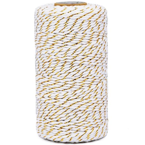 Leecogo Cotton Twine Gold and White Baker String 2mm Thick 328 Feet Christmas Twine for Gift Wrapping DIY Crafts Home Party Decoration Gardening