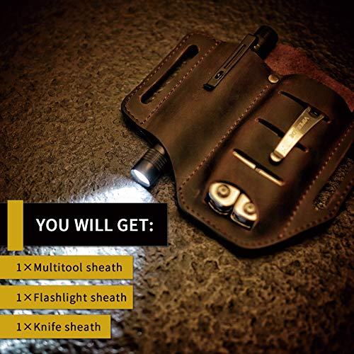 VIPERADE PJ8 EDC Leather Sheath for Blet, Knife/Tool/Flashlight/Tactical pen and EDC Gears, Pocket EDC Organizer Leather Sheath, Hademade 2 Pockets Belt Leather Slip Sheath (Brown)