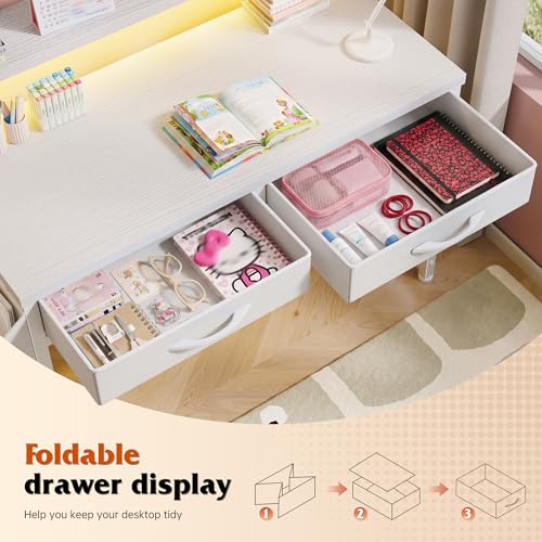Image of DurayLoly 32 inch Computer Desk with 2Drawers and Side Pocket for Teenagers,Office Desk with Monitor Stand and LED Lights, Study Writing Table with Anti-Tip Design for Small Spaces,Glacier White