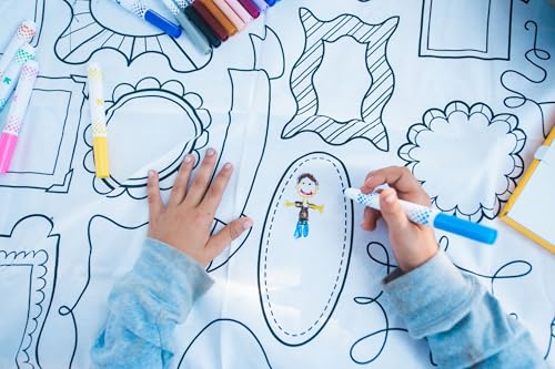 Frame Fun Design – Square Tablecloth 60”X60” – Interactive Coloring Tablecloth for Kids – Poly/Cotton Fabric - Washable and Reusable – DIY Coloring Activity for Children and Adults