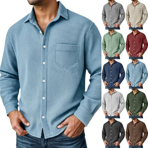 Mens Long Sleeve Button Down Shirts Waffle Textured Untucked Overshirts Jacket Lightweight Shacket with Flap Pockets