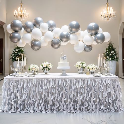 14ft Silver Sequin Curly Willow Table Skirt for Rectangle Tables Decoration