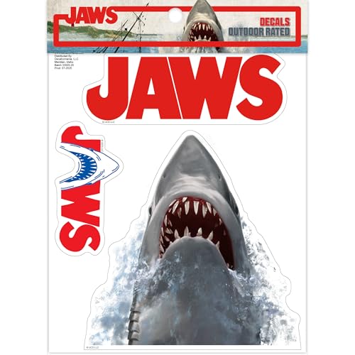 Jaws Movie Decals – Set of 3 Outdoor Rated Stickers Licensed by Universal Studios | Classic Shark Attack Designs with Iconic Jaws Logos | Waterproof Vinyl for Car, Cooler, Laptop, or Tumbler