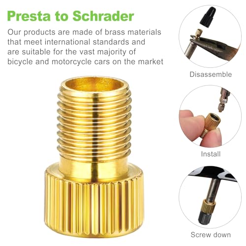 CeroDimo Brass Presta Valve Adapter (Pack of 5 + 10 Caps) - Converts Presta to Schrader for Bicycle, e-Bike, e-Scooter Tires - Use with Standard Pump or Compressor – Bike Valve Adapter Kit - Thumbnail 4
