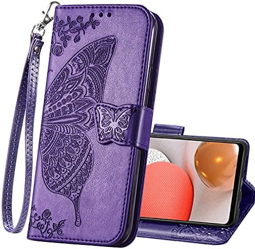 PU Leather Wallet Flip Protective Phone Case with Wrist Strap Card Slots Holder Pocket Emboss Butterfly Flower Stand Case for Samsung Galaxy A32 5G Purple