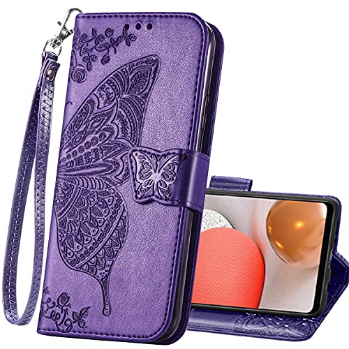 HAOTP for Motorola Moto G Pure Wallet Case,PU Leather Flip Protective Phone Case Wrist Strap Card Slots Holder Pocket Emboss Butterfly Flower Stand Case for Woman Man Purple