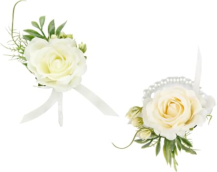 2PCS White Rose Corsage and Wrist Flower Set, Handmade Artificial Bracelet Boutonniere for Weddings, Proms, Parties, Enhancing Ceremonial Ambiance with Satin and Pearl Accents