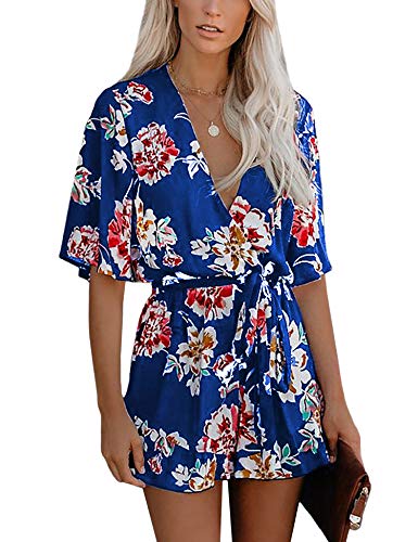 Relipop Women's Jumpsuit Floral Print V Neck Flared Half Sleeve Elastic Tie Waist Ruffle Hem Romper (Light Blue, Large) #TOP14