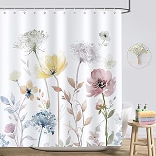 Bonhause Purple Floral Shower Curtain Watercolor Flowers Leaves Bathroom Curtain 180 x 180 cm Waterproof Mildew & Mould Resistant Polyester Fabric Bath Curtain with 12 Hooks