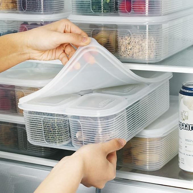 Image of TASMAX Fridge Storage Boxes, Plastic Fridge Containers, Fridge Accessories Items, (detachable bins 6 GRIS with lid PACK 2)