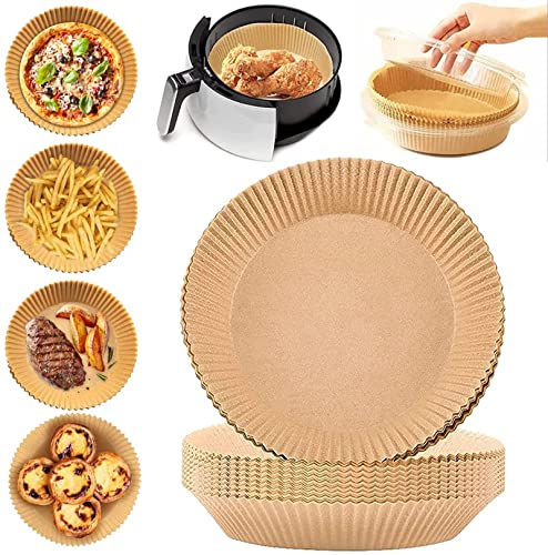 Papier Cuisson Air Fryer, 6,3 pouces Doublure en papier jetable pour friteuse à air, Parchemin de qualité alimentaire, antiadhésif résistant à l'huile et à l'eau,Natural color,30 Pcs Cover