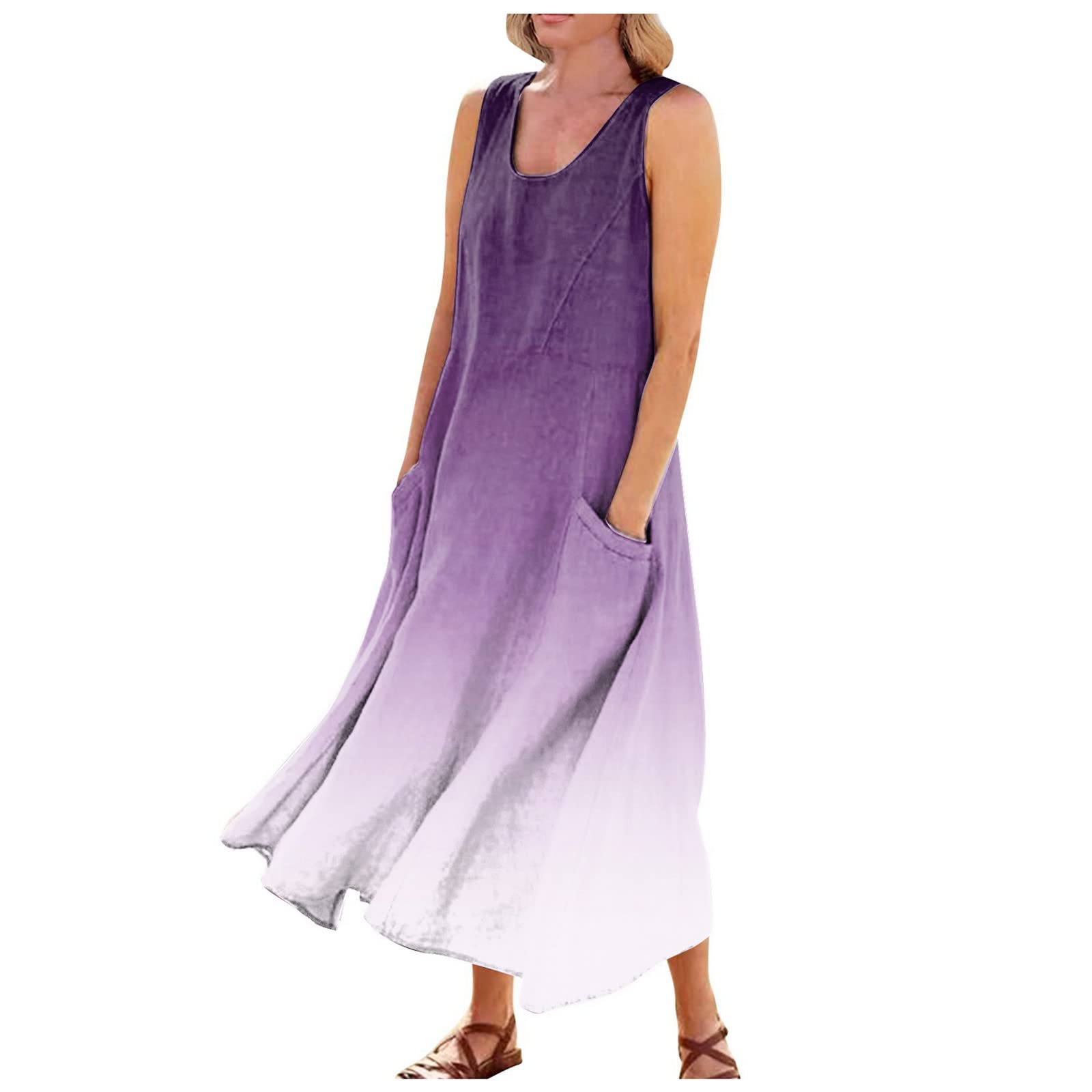 UDAUDUSummer Dresses for Women 2024 Linen Summer Dresses Solid Color V Neck Sleeveless Dresses with Pocket,S-5XL