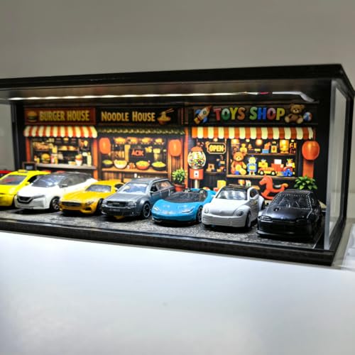 Diorama Garaj 1/64 Ölçek 8 Araçlık; LED Işıklı USB Çalışan Model Araba Sergileme Standı, Pleksi Kapaklı Dekoratif Vitrin