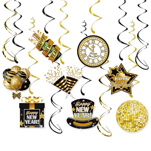 2026 Happy New Year Hanging Swirls 2026 New Years Eve Party Decoration Swirls Streamer 2026 New Year Countdown Streamers for New Year Eve(12Pcs Fully Assembled)