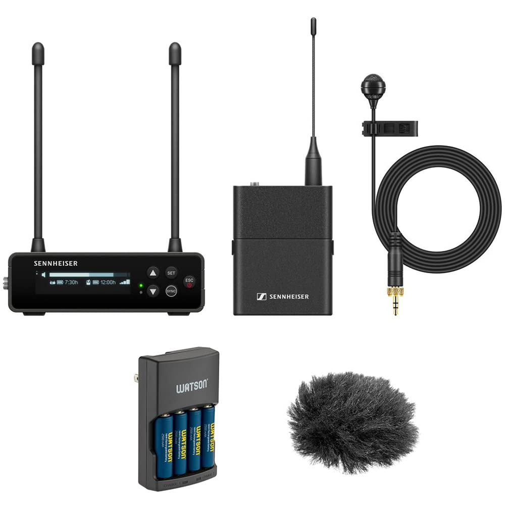 EW-DP ME 4 Set Camera-Mount Digital Wireless Cardioid Lavalier Mic System (R4-9: 552 to 607 MHz) Bundle with Auray WLW Fuzzy Windbuster and Watson Rapid Charger with 4 AA Batteries