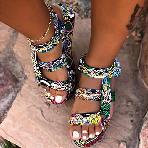 Haoricu Womens Snakeskin Multicolor Sandals Summer Open Toe Platform Wedge Sandals Casual Shoes #TOP3