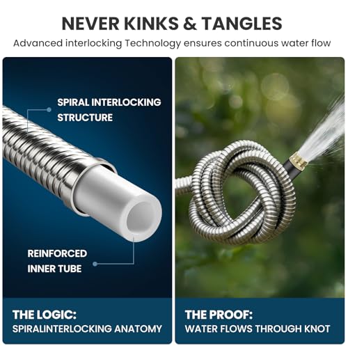 Metal Garden Hose 50FT, Stainless Steel Water Hose with 10 Function Nozzle, Solid Brass Fittings, Lightweight, Kink-Free & Dog Chew Proof for Lawn, Yard, RV, Car Wash, 550PSI - Thumbnail 4