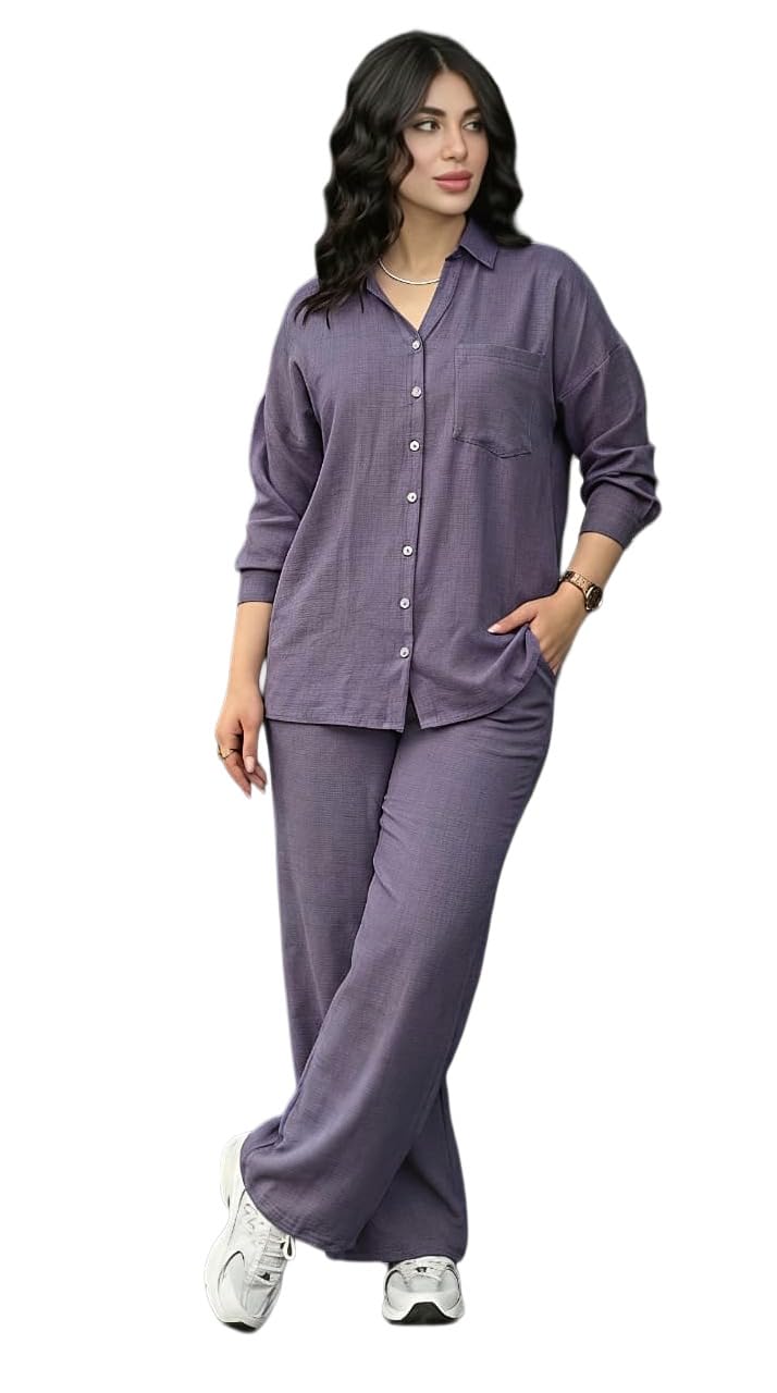 Nikrim Women's Solid Color Two-Piece Set | Long Sleeve Top & Wide Leg Pants Co-ord Set | Casual Wear Co ord Set (Big Girls, Purple, L)