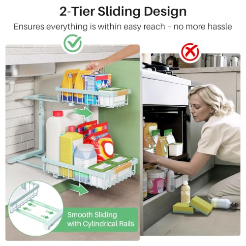 Image of Kitstorack Under Sink Organizer, 2 Tier Under the Sink Storage, Slide out Pull out Cabinet Organizer Shelf, Metal Sliding Drawer for Kitchen Bathroom Pantry Closet Organization Rack, Blue, 1 Pack