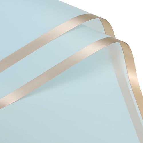 MECCANIXITY 20 piezas de papel de regalo de flores con borde dorado, azul claro, 22.8 x 22.8 pulgadas, impermeable, para suministros de ramo de