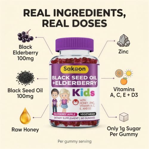 Sakoon nutrition Elderberry Gummies for Kids with Black Seed Oil, Immune Support, with Vitamin C and Zinc, Delicious Berry Flavor, 60 Gummies - Image 4