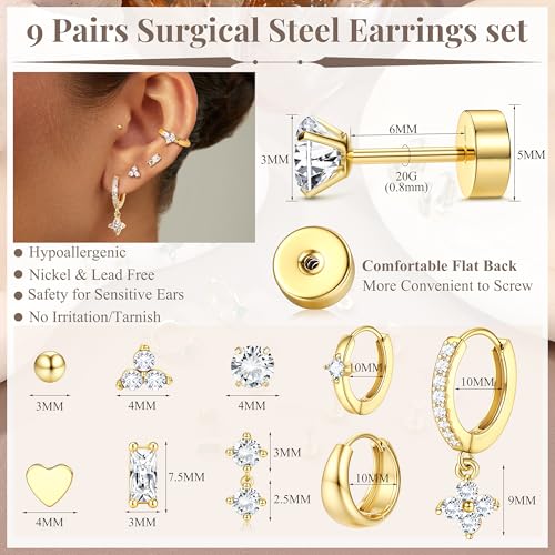 Fansilver Hypoallergenic Flat Back Earrings for Women 20G Surgical Stainless Steel Cartilage Earring Sets for Multiple Piercing Dainty Small Hoop Flatback Stud Earrings Stacks4