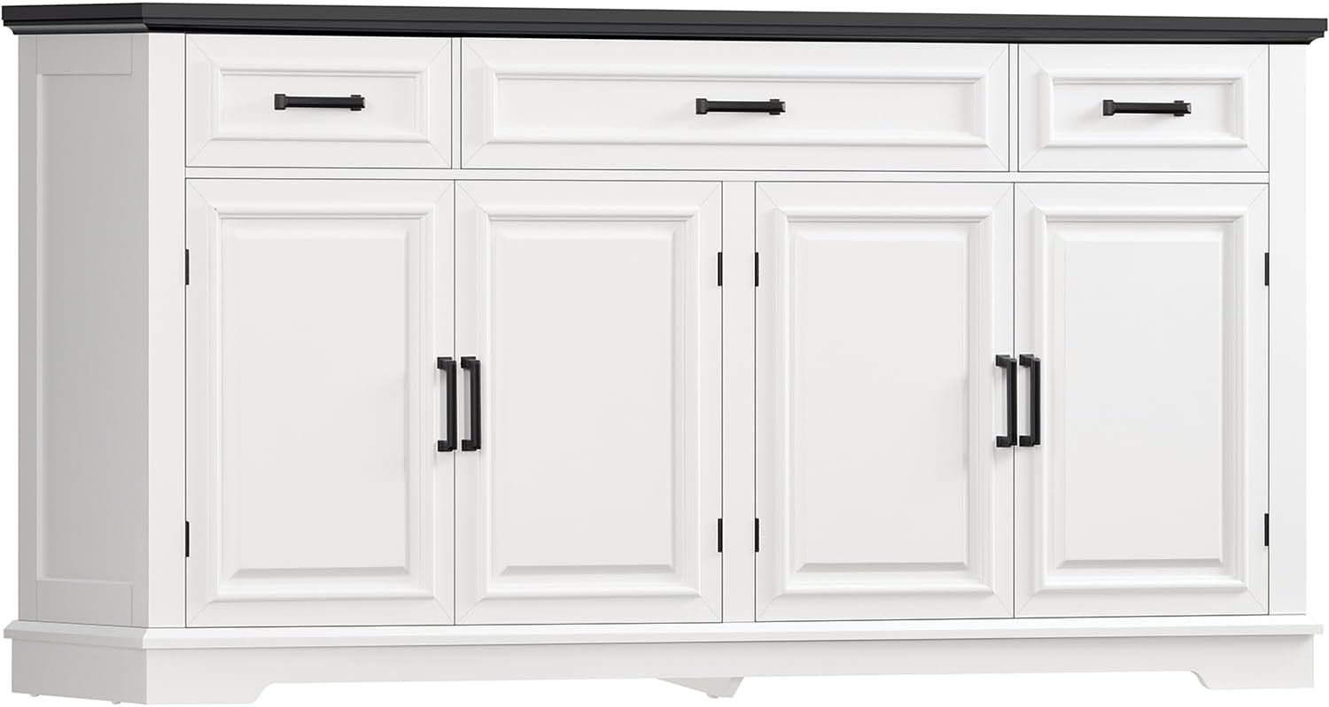 USIKEY 59" White Buffet Sideboard Cabinet: 4 Doors, 3 Drawers, 2 Adjustable Shelves - Kitchen Storage, Coffee/Wine Bar for Living Room