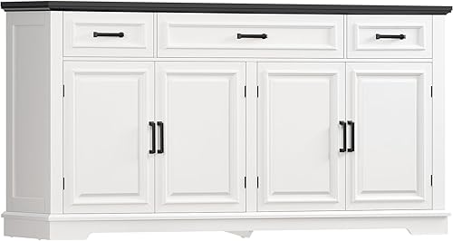 Miniatura 13 de usikey Aparador grande de 61 pulgadas con 4 puertas y 3 cajones, mesa de buffet de granja, armario de almacenamiento de comedor para cocina o sala