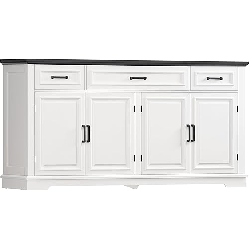 usikey 59” Large Buffet Cabinet with 4 Doors and 3 Drawers, Buffet Sideboard Cabinet with Storage and 2 Adjustable Shelves, Coffee Bar, Wine Bar for Living Room, White