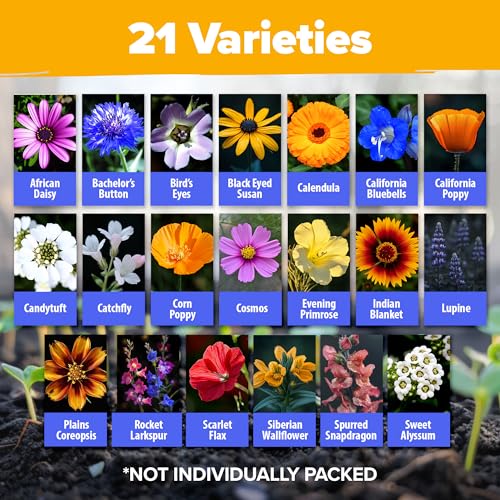 Image of HOME GROWN USA Native Wildflower Seeds Bulk Mix | 49,100+ Non-GMO Annual Flower Seed for Planting | 21 Varieties for Bee & Butterfly Garden Pack | 2 oz