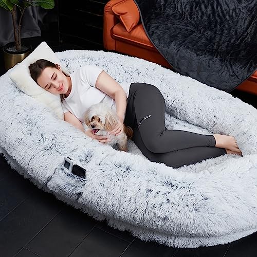 M-V-O Faux Fur Human Pet Bed Fluffy Fleece Snuggle Dog Bed For Adults and Kids Orthopaedic Soft Cosy Comfortable Beds Anti Allergy Bean Bags Hugg Snug Pet Bed (Adult size: 173 x 96 x 30cm)