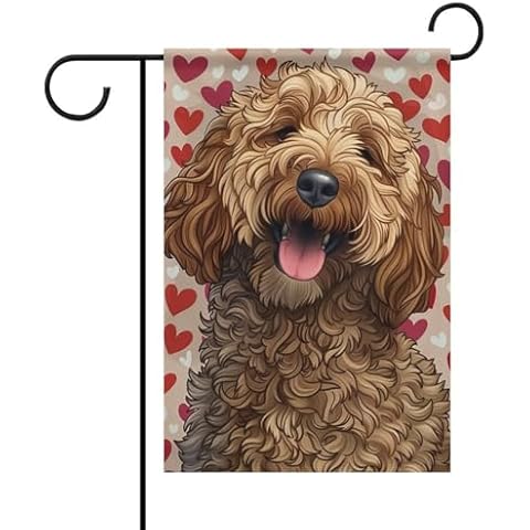 TsyTma Dog Valentines Day Garden Flags 12x18 Inch Golden Doodle Dog Smiling Heart Yard Flags Garden Decor Yard Decorations for Home Outdoor Double Sided Cover