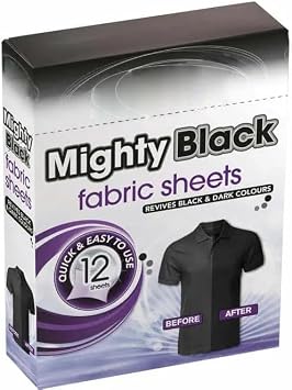 12 Mighty Black Fabric Sheets   Black & Dark Laundry Restorer, Fabric Colour Booster, Washing Machine Dye Sheets, Colour Reviver for Faded Clothes   No Mess No Liquid Easy to Use Laundry Sheets