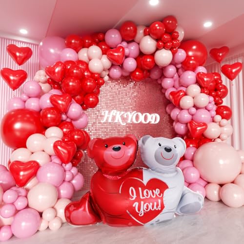 Image of Valentine's Day Balloon Garland Arch Kit - 122 Piece Red, Pink & Light Pink Balloons - Heart & Bear Shaped - Biodegradable - For Couples & Lovers