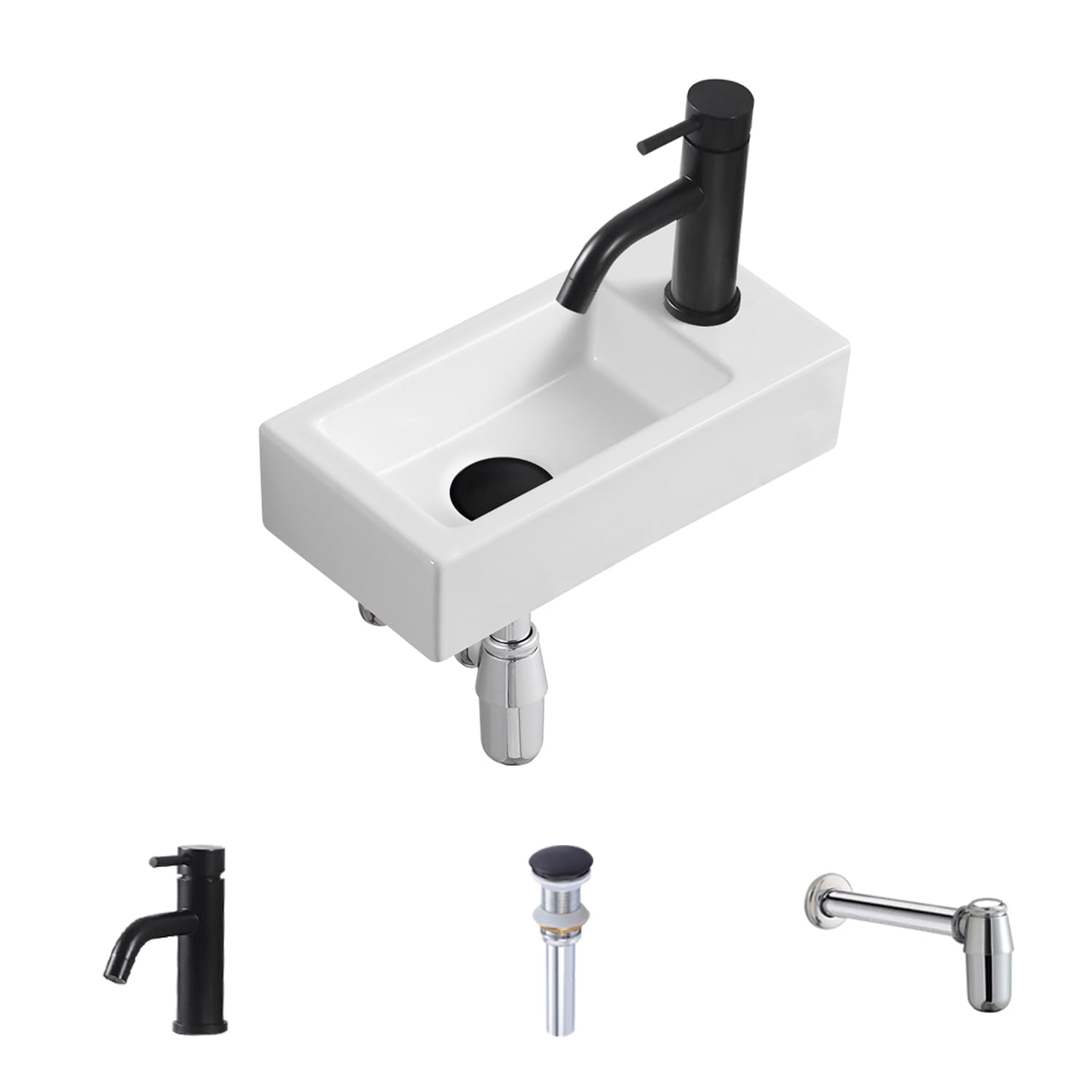 14.5"x7.3" Small Bathroom Sink Small Wall Mounted Bathroom Sink Wall Hung Basin Sinks White Rectangle Ceramic Wash Basin Hand with Tap & Drain (Right Hand)