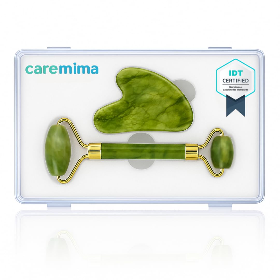 CAREMIMA Grade A+ Green Jade Roller & Gua Sha Set | Facial Massager for Anti-Aging, Skin Firming, Lifting, Puffiness & Wrinkle Reduction | Face, Neck & Eye Beauty Tool for Women & Men
