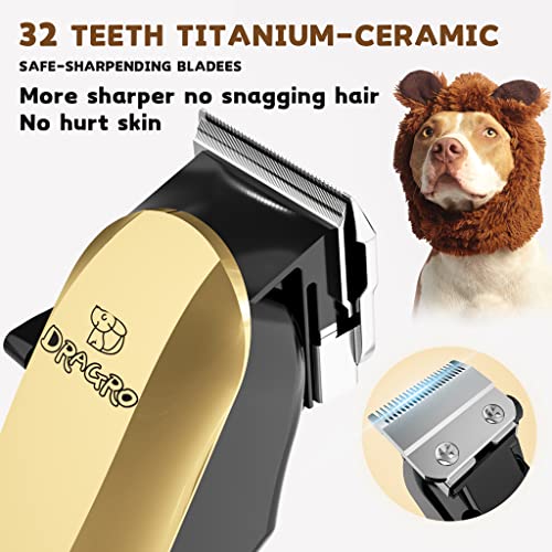 Dog Clippers Cordless Dog Grooming Kit Professional Electric Rechargeable Pet Hair Clipper Trimmer Shaver with Comb Guides Scissors- Low Noise for Dogs Cats Pets with Thick Coat(Gold)