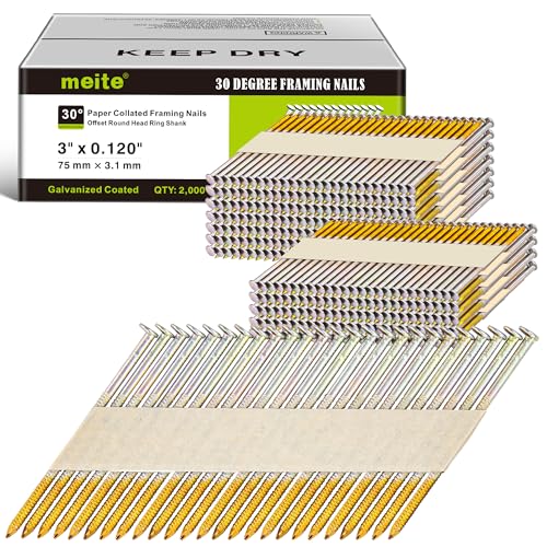 meite 30 Degree Framing Nails 3 Inch x .120 Inch Ring Shank Paper Collated Nails for 30-34 Degree Framing Nailer, Electro-Galvanized Offset Round Head Framing Nails for Sheathing Decking 2,000PCS