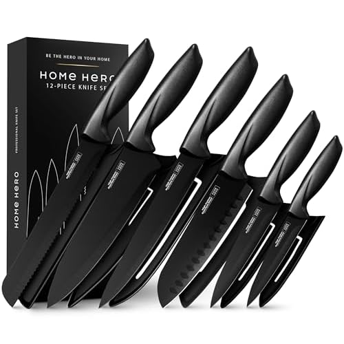 Home Hero High Carbon Stainless Steel Knife Set – Chef Knife Set Precision Slicing & Versatility – Nonstick Ceramic Coated Blades & Easy Cleaning – Ergonomic Handles & Secure Grip – 12-Piece, Black