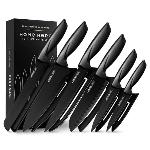 Home Hero High Carbon Stainless Steel Knife Set - Chef Knife Set Precision Slicing & Versatility - Nonstick Ceramic Coated Blades & Easy Cleaning - Ergonomic Handles & Secure Grip - 12-Piece, Black