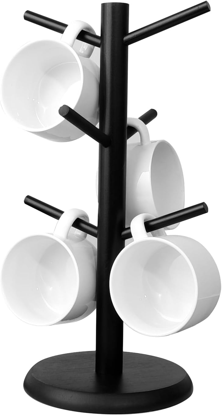 FOSFUKEERCoffee Mug Holder, Black Bamboo Mug Tree with Thicker Base, Coffee Cup Stand, Cup Holder for Counter, Coffee Mug Rack Organizer with 6 Hooks