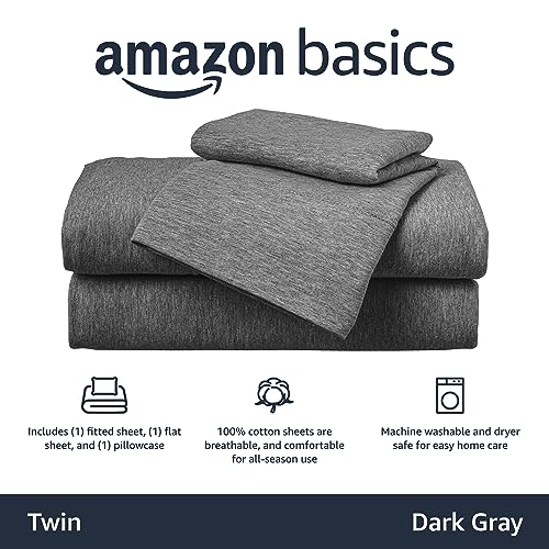 Image of Amazon Basics Breathable, Stretchy 3 Piece Bed Sheet Set, 100% Cotton Jersey Knit, Includes Flat and Fitted Sheets, Pillowcase, Machine Washable, Twin, Dark Gray, Solid