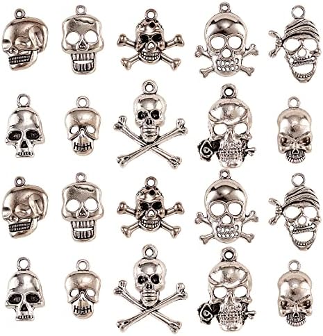 DanLingJewelry 100 pcs 10 Styles Skull Theme Tibetan Style Alloy Pendants Antique Sliver Skeleton Charms for DIY Jewellery Making