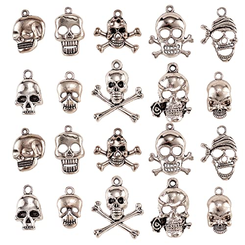 LiQunSweet 100 Pcs 10 Styles Pirate Skull Skeleton Bone Tiny Charms Assorted Bulk for Halloween Necklace Bracelet Jewelry Making DIY