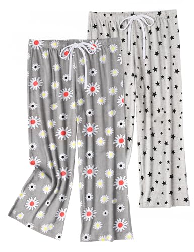 ENJOYNIGHT Women's Pyjama Bottoms Cotton Capri Pants Lounge Pants with Drawstring Sleepwear (Large,Flower+Grey Star)