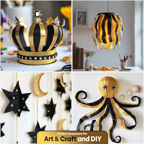 Image of 4 Gold Black Crepe Paper Streamers, 328ft Pack of Party Decorations | Each roll is 82 ft long and 1.8 Inch wide ideal for Birthday Party Decor, Wedding Decorations and Themed Parties