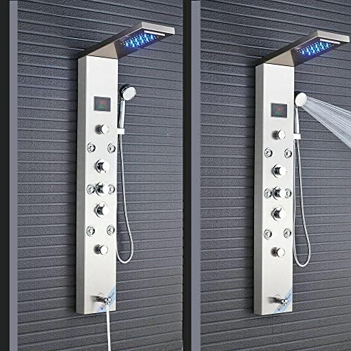 Stainless Steel Shower Panel Tower Faucet LED Rainfall Massage Nozzle Set-Black 8006L,Black 9001 (Brushed Nickel 8009)